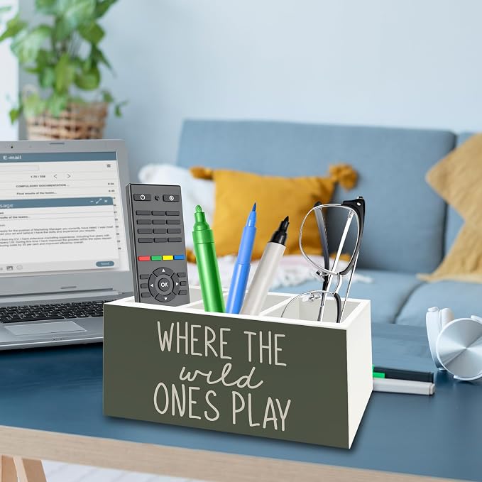 Boho Green Kids Pen Pencil Holder Organizer for Desk, Where the Wild Ones Play Wooden Box Signs Decorations for Kids Boys Room Bedroom Playroom Desk Tabletop, Boy Nursery Decor