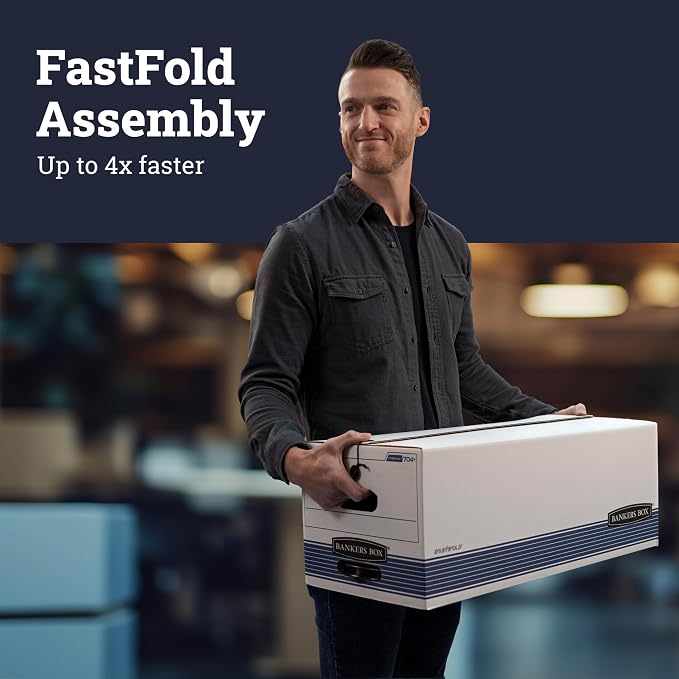 Bankers Box 12-Pack String & Button Medium-Duty File Box, Letter, FastFold | Keep important records buttoned up with secure closure, FastFold setup, reinforced handles, and stackable strength.