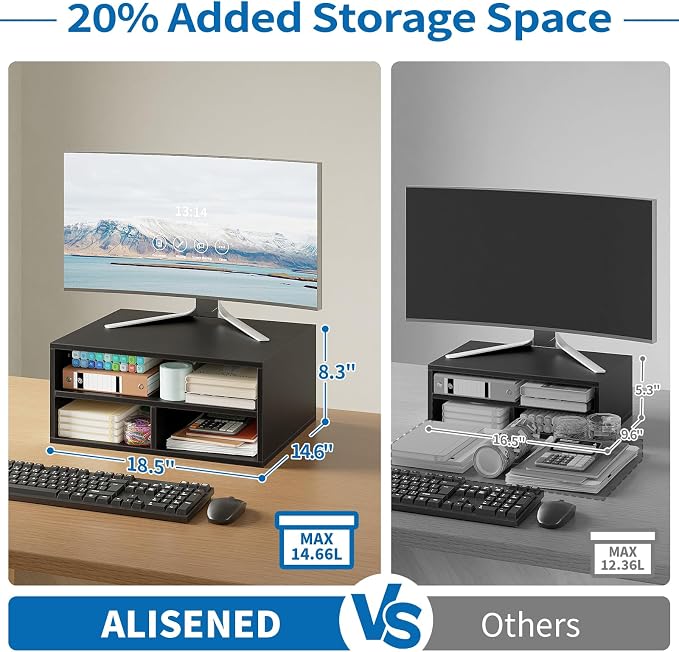 ALISENED Printer Stand for Desk, 2-Tier Wooden Desk Organizer with Adjustable Compartments, Heavy Duty Desktop Stand for Printer Scanner Monitor, Space Saving Office Organization and Storage, Black