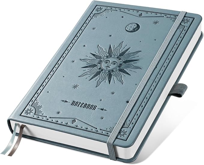 EMSHOI Lined Journal Notebook, 192 Numbered Pages, A5 Size (5.7'' x 8.3'') | Leather Hardcover, 100 GSM Thick Paper, for Women & Men, Journaling, Writing, Work & Office, Sun Debossed (Gray Blue)
