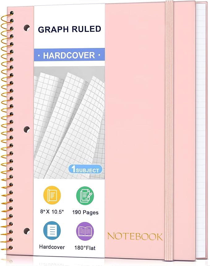 Spiral Notebook Graph Ruled Paper 8" x 10 1/2", 1 Subject Spiral Grid Notebook 3-Hole Punched Perforated Page Ideal for School, Office, Writing, 95 Sheets Lined Journaling Graphing Notebook, Pink