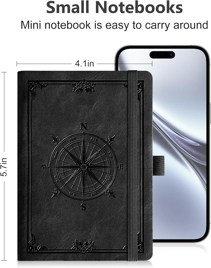 AHGXG Small Blank Pocket Notebook, 256 Numbered Pages, B6 (4.1'' X 5.7'') | Mini Journal, Vintage Soft Leather Hardcover, 80gsm Paper, for Men Women Work Office School (Black)