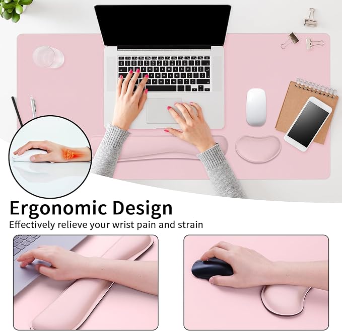 Mouse Pad and Keyboard Wrist Rest, Large Keyboard and Mouse Pad Set, Ergonomic Mousepad with Wrist Rest, Non-Slip Desk Mat Protector for Office, Home (31.5×15.7 Inches, Pink)