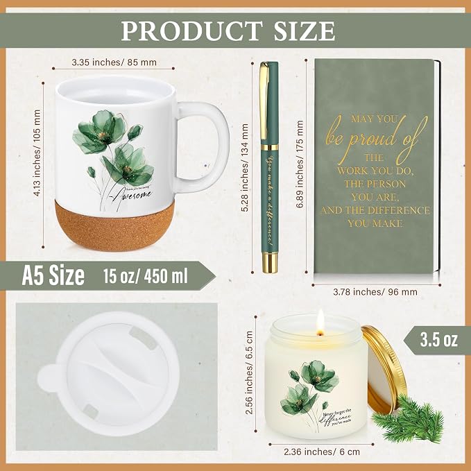 Sayglossy 4 Pcs Thank You Gifts Set for Women Back to School Teacher Appreciation Gift Leather Notebook Green Flower Coffee Mug Scented Candle Ballpoint Pen for Employee Coworker DSP Housekeeping Week