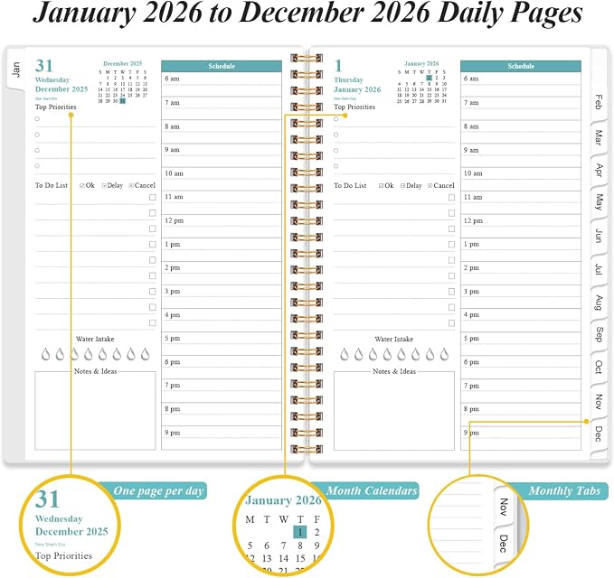 2026 Daily & Monthly Planner - One Page Per Day, Daily Planner 2026 from January 2026 to December 2026, Planners 26 with 12 Monthly Tabs, 6.4" x 8.5", Teal Flowers