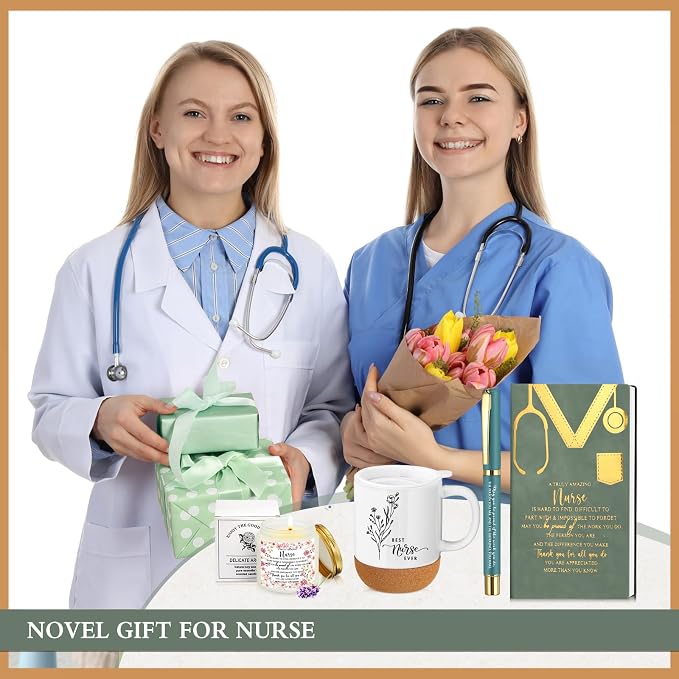 Sayglossy 4 Pcs Nurse Gifts Set for Women Men Nicu Practitioner School Nurses PU Leather Notebook Coffee Mug Scented Candle Ballpoint Pen for CNA RN Gifts Nurse Retirement Birthday Teacher Coworker