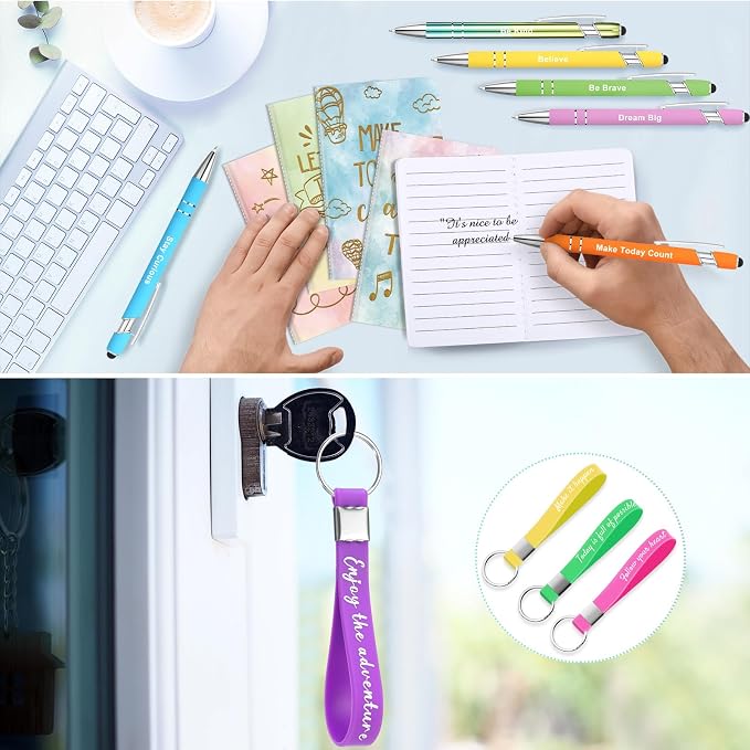 PerKoop 48 Pcs Inspirational Gifts Bulk Motivational Employee Notepads Ballpoint Pens Keychains Set for Staff Coworker Appreciation Gifts for Teachers Nurse Women Office Party Favor Supplies