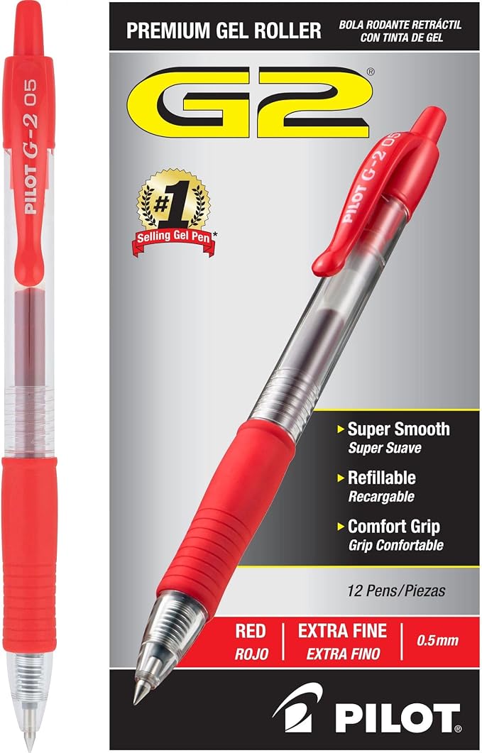 Pilot G2 Premium Refillable and Retractable Rolling Ball Gel Pens, Extra Fine Point, Gel Ink Pens, 0.5mm, Red Ink, 12-Pack