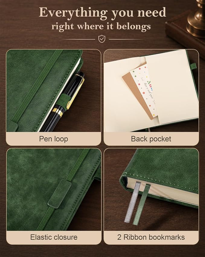 Lined Hardcover Leather Journal Notebook: A4 Journal for Women Men, Green | 312 Numbered Pages & Content, 100GSM Thick Paper, College Ruled Journals Note Book for Business Work Writing Diary