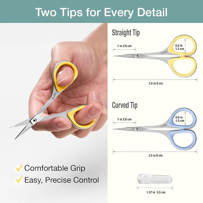 Beaditive Sewing and Embroidery Scissors Set (2 pcs) Curved and Straight, Sharp, Stainless-Steel Design | Precision Tips, Ergonomic Rubber Handle Grip | Small, Compact DIY Use (Extra Sharp)