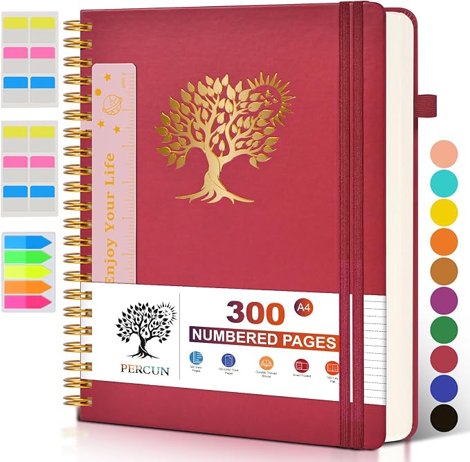 PERCUN Spiral Notebook 300 Numbered Lined Pages Hardcover Journal 8.5"x11" | College Ruled Spiral Bound Notebook with Tabs, A4 Large Leather Journal for Women Men, Work, School, Writing & Note Taking