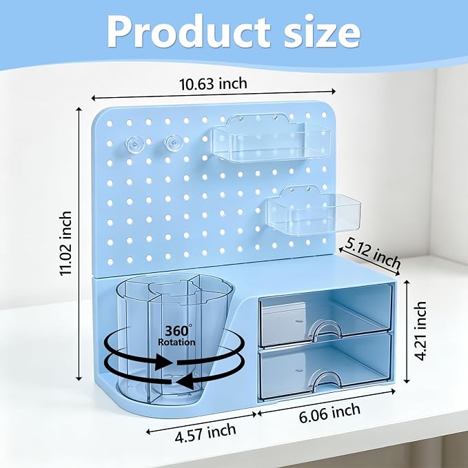 Desk Organizer with 360° Rotating Pen Holder, 5 Slots, 2 Drawers & Pegboard for Office School Art Supplies (Blue)