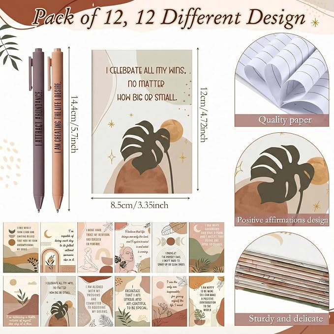Mooliwe 24 Pcs Positive Affirmation Gift Set Gratitude Notebooks with Pens Small Bags Motivational Encouragement Notepads Daily Affirmations Journal for Women Stress Relief Self Care (Abstract)
