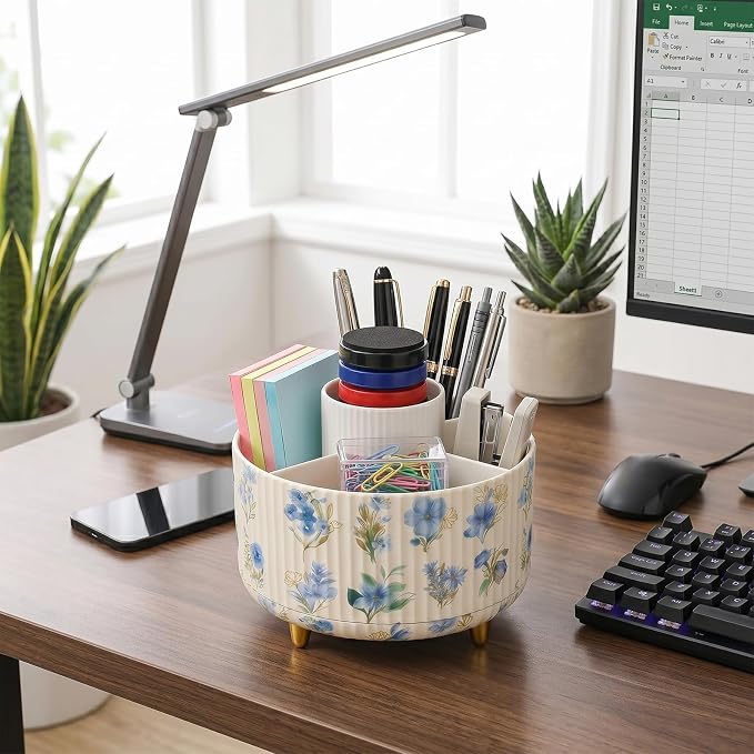 Soboto 360 Rotating Desk Organizer with DIY Floral Stickers, Compartment Floral Office Supplies Storage, Space-Saving Plastic Caddy for Home Office Cosmetics Pen Holder