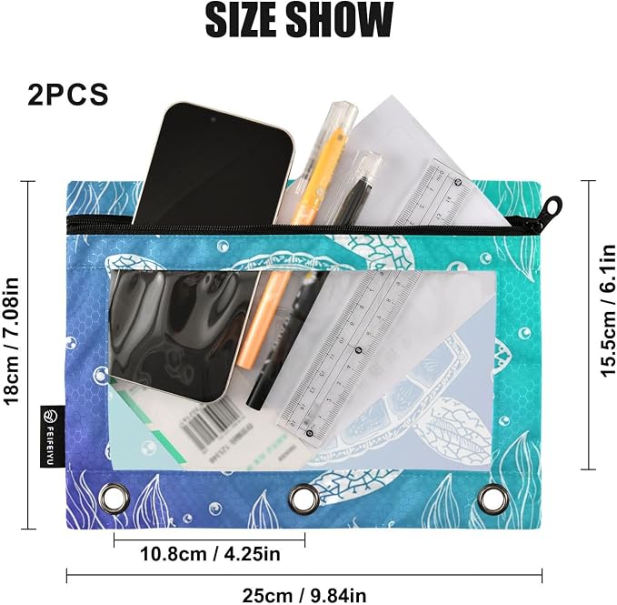 ALAZA Pencil Pouch for 3 Ring Binder, Underwater Sea Turtle Seaweed Print Binder Pencil Pouches with Clear Window Zipper Pencil Case Cosmetic Bags for Office College Supplies, 2PCS