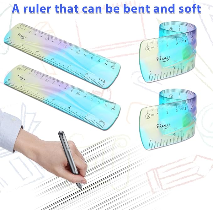 Mabor 2 Pieces Flexible Ruler, Color Plastic Ruler 6 inch | Shatterproof Straight Edge Plastic Soft Bendable for School Classroom Office Kids & Adults (6inch)