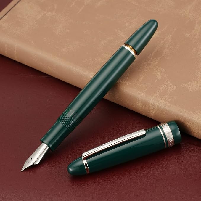 erofa Majohn P136 Piston Fountain Pen Fine Nib with Box, Green Resin Writing Pen Set