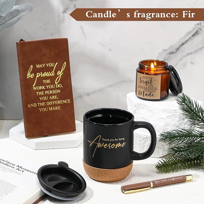 Sayglossy 4 Pcs Thank You Gifts Set for Men Back to School Teacher Appreciation Gift Leather Notebook Inspirational Coffee Mug Scented Candle Ballpoint Pen for Male Employee Coworker Nurse Boss, Brown