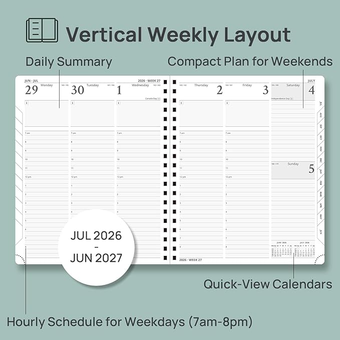 POPRUN Planner 2026-2027 (Large - 8.5'' x 10.5'') Academic Weekly Planner | Calendar(July 26-June 27) Appointment Book with Hourly Time Slots, Monthly Tabs, 100GSM, Spiral Leather Cover - Celadon Green