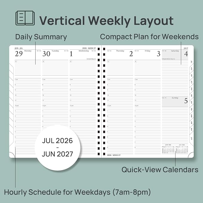 POPRUN Planner 2026-2027 (Large - 8.5'' x 10.5'') Academic Weekly Planner | Calendar(July 26-June 27) Appointment Book with Hourly Time Slots, Monthly Tabs, 100GSM, Spiral Leather Cover - Pacific Green