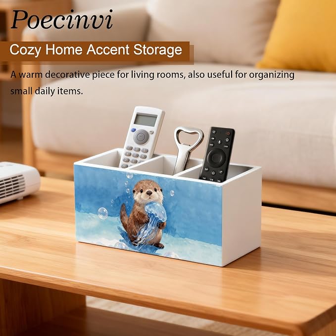 Coastal Beach Sea Otter Pen Holder for Home Kids Room Desk, Otter Lover Gifts, Coastal Ocean Wildlife Nursery Wooden Box Sign Pencil Holder for Desk Shelf Organizer