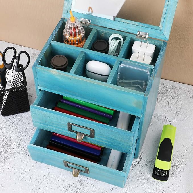 Small Wooden Drawers Wooden Box with Drawer Blue | 2 Drawer Storage Box for Apothecary Cabinet, Apothecary Drawers，Desktop Organizer with Metal Handles for Office，Home