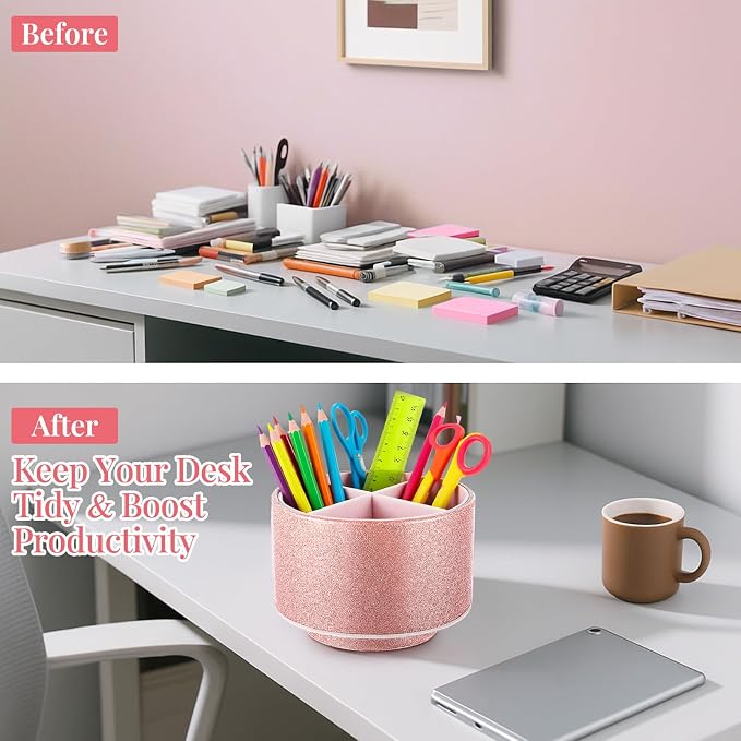 Epakh PU Leather Glitter Pen Holder 360 Degree Spinning Rose Gold Bling Pencil Cup Women Girls Makeup Brush Organizer Cup Gift for Teacher Desk Office Classroom Home Back to School Festival (6 Inch)