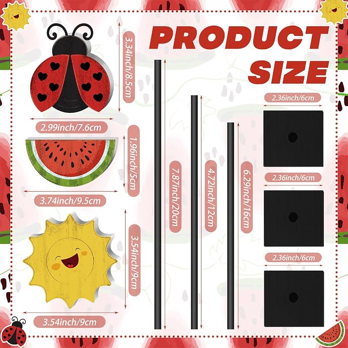 3 Pcs Summer Table Decor Wooden Watermelon Ladybug Decorations Standing Watermelon Decor Summer Table Centerpiece Rustic Farmhouse Sign for Home Kitchen Office Beach Party