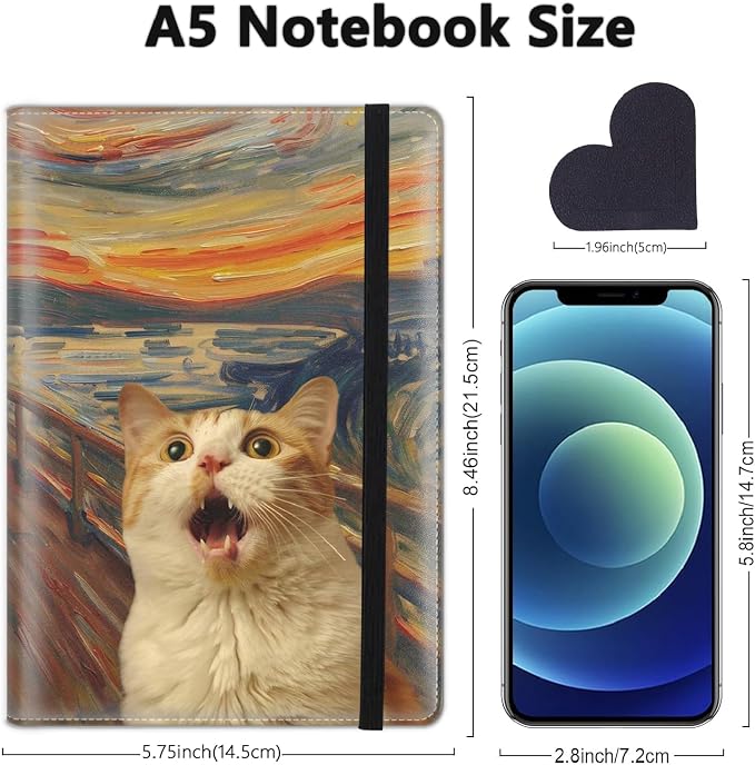 A5 Leather Lined Journal Notebook, 200 Pages Hardcover Executive Notebook for Men Women Office School Note Taking, Thick Writing Paper Daily Journal with Bookmarks/Indexes,Funny Cat