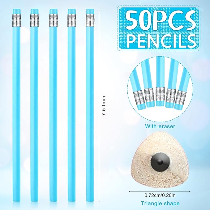 Tinlade 50 Pcs Blue Triangular Grip Pencils Wood Wedding Pencils HB Graphite Pencil Pack Eraser for Baby Shower Drawing Sketching Bridal Shower Office Supplies