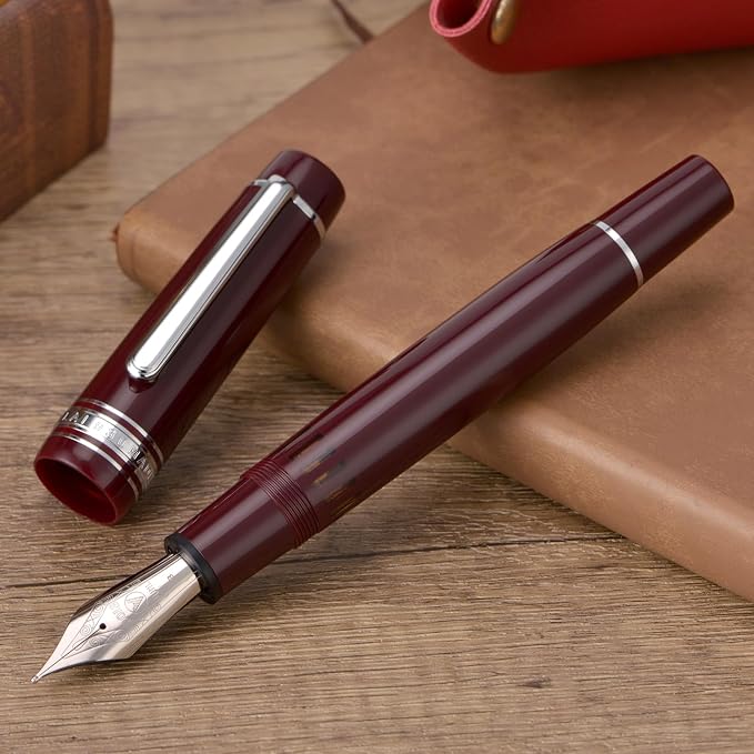 Wikult Yongsheng Junlai 930 Acrylic Fountain Pen, Size 9 Fine Nib with Piston Filling System, Wine Red Fence Ink Tank with Flat Top Design Smooth Writing Pen (Silver Trim)