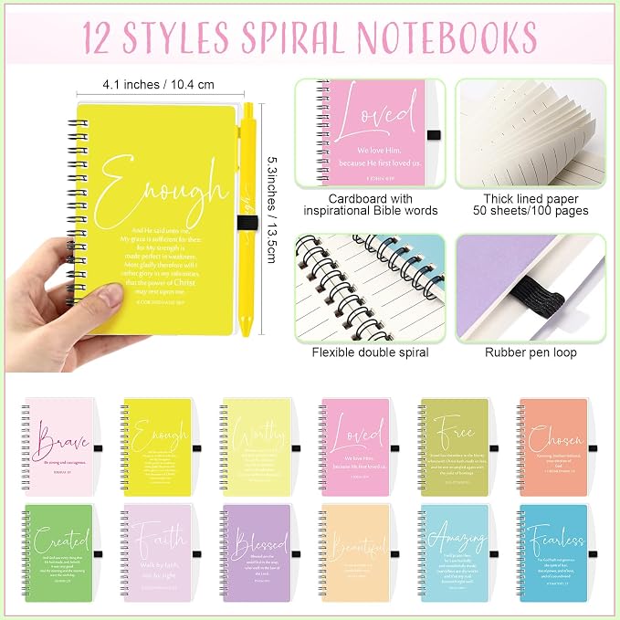 Kosiz 48 Sets Christian Gifts Bulk Christian Notebooks with Pens Inspirational Prayer Journals Bulk A6 Spiral Small Notepads for Women Men Church Members Bible Study Groups (Cute Color)