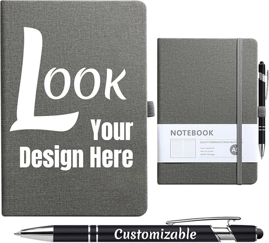 Custom Notebook and Personalized Ballpoint Pen Set, Customizable A5 Journal with Personalized Engraved Logo/Text/Image, 192 Pages, 8.3 x 5.8 Inches, Grey