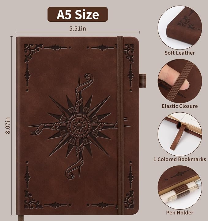 ALKALO Lined Journal Notebook for Women Men, A5 Hardcover Leather Journals for Writing, 320 Pages Thick Paper, Daily Journal Notebook for Work, School, Note Taking, Business, Travel, College Ruled