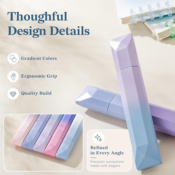 Temiary 5 Pcs White Correction Tapes, Aesthetic White Smooth Pull Out Tape Pens for Instant Corrections, Easy to Use Tear-Resistant Pen Shaped Applicator for Office School Supplies (Gradient Purple)