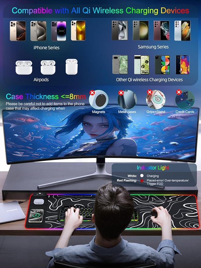 XXL Mouse Pad with Phone Holder - Black, RGB Desk Mat with 15W Fast Charging, LED Gaming Mousepad with 11 Light Colors, Waterproof Non-Slip Pad for Office & Home (Topographic)