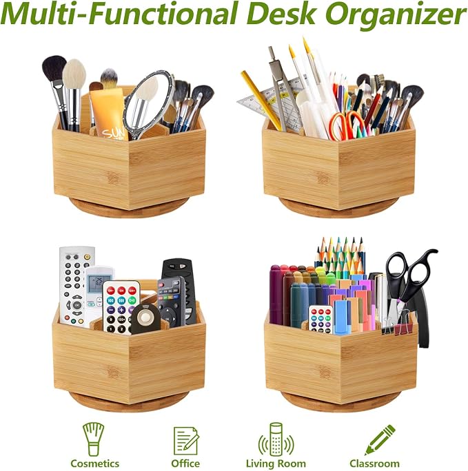 Marbrasse Bamboo Art Supply Organizer, Rotating Pencil Pen Holder, Office Supplies Desktop Storage Caddy, Like Colored Pencils, Pen, Markers, Paint Brushes