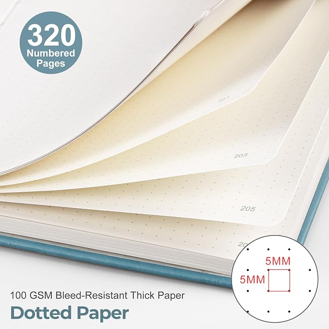 EMSHOI Dotted Journal Notebook, 320 Pages, A5 Size (5.7'' x 8.3'') | Leather Hardcover, 100 GSM Thick Paper, for Journaling, Planning, Tracking & Sketching, Sun Debossed (Light Blue)