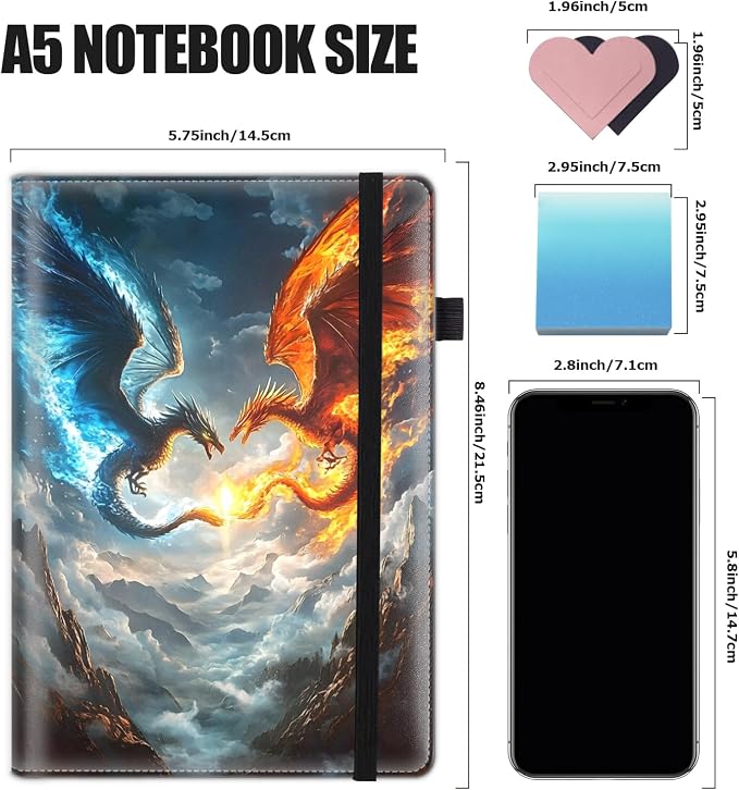Hardcover Executive Notebooks, A5 PU Leather Lined Journal Notebook, 200 Pages Thick Paper Subject Notebooks for School,Work,Home Writing Business Notebook, Diary Book, Dragon Fighting