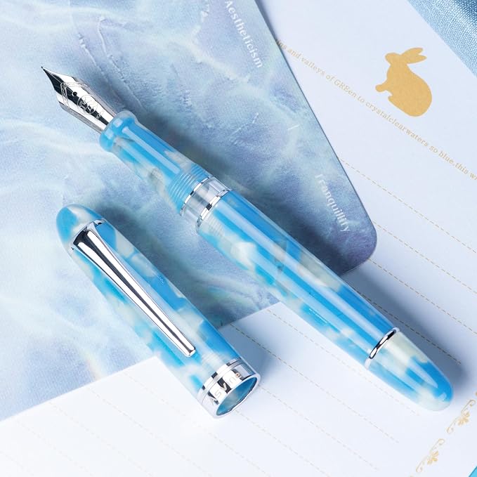 Asvine P50 Piston Fountain Pen Bock Fine Nib Sky Blue Resin, Silver Trim Smooth Writer Collection with Pen Case Gift Set
