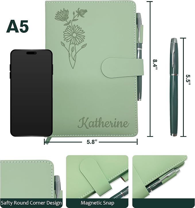 Personalized Leather Journal with Gifts Box & Pen, Birthday Gifts for Women | Custom Notebooks Diary with Engraved Birth Flower Name, Christmas Office Gift for Bridesmaid Students Teacher Mom Friend