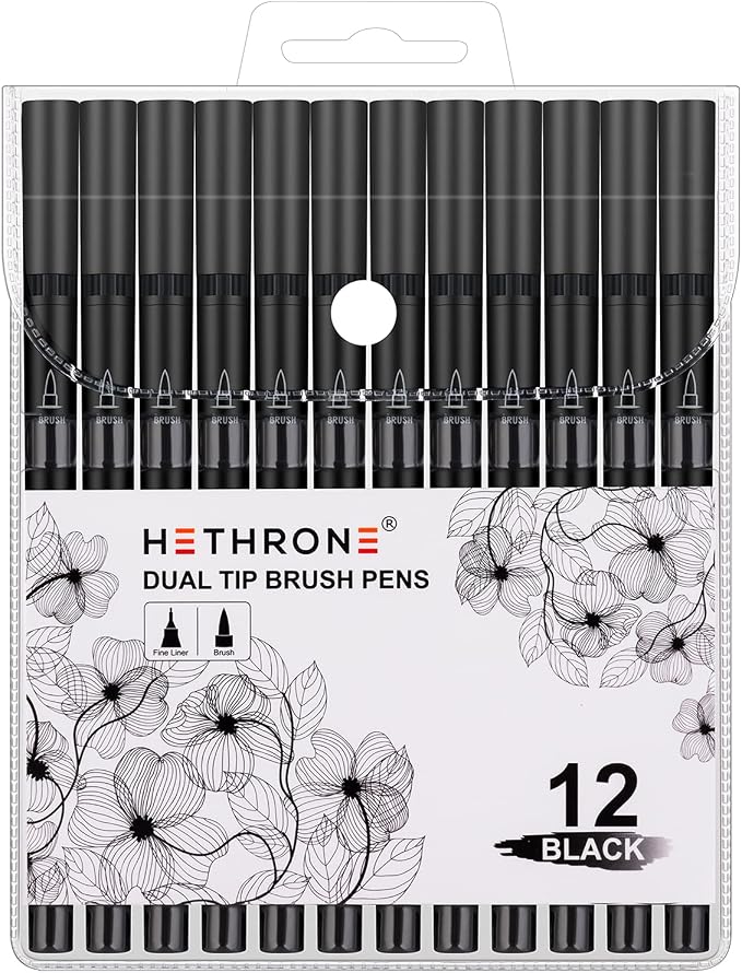 Hethrone Black Markers for Drawing - Brush Pens with Felt Tips for Artists - Calligraphy Pens, 12 Pack