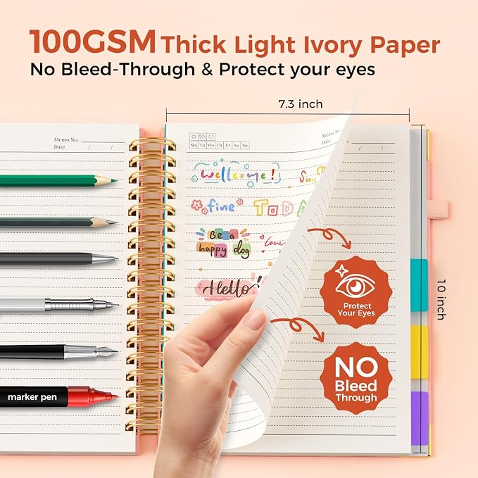 XYark B5 Hardcover Spiral Notebook, 5 Subject Notebook 300 Pages, 8"x10" College Ruled Notebooks with Removable Dividers Tabs & Ruler & Card, Lined Journal for Women Men School Work Office, Light Pink