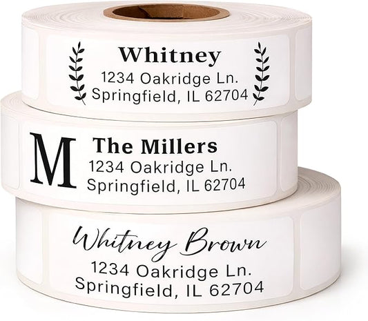 Personalized Return Address Labels on Roll – Custom Name & Address Stickers, Roll of 50,250,500 Easy-Peel Self-Adhesive, Glossy White 2.5" x 0.75"