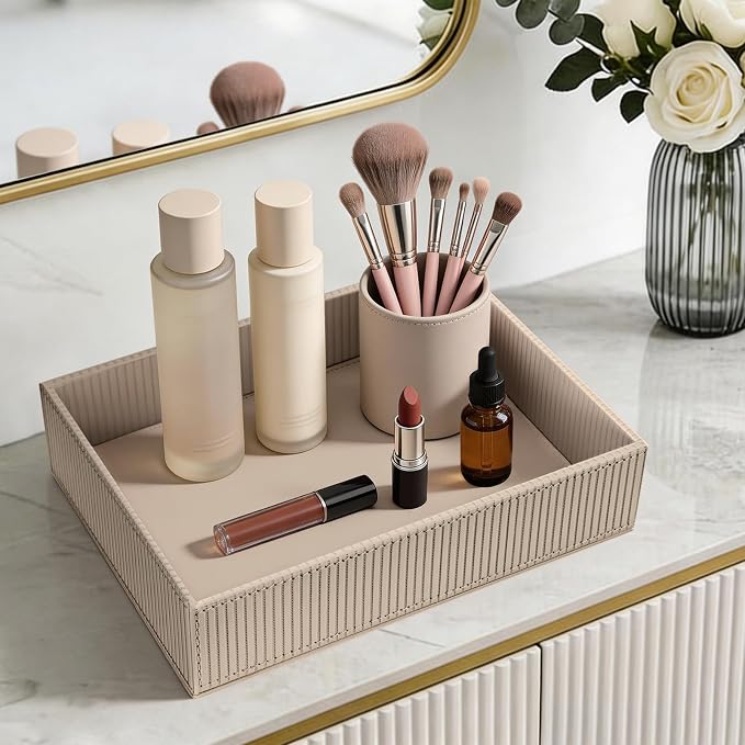SITHON Valet Tray Desk Organizer PU Leather Catchall | Bedside Vanity Tray Nightstand Caddy Coin Box Key Jewelry Storage Organizer, Graduation, Stripe Latte