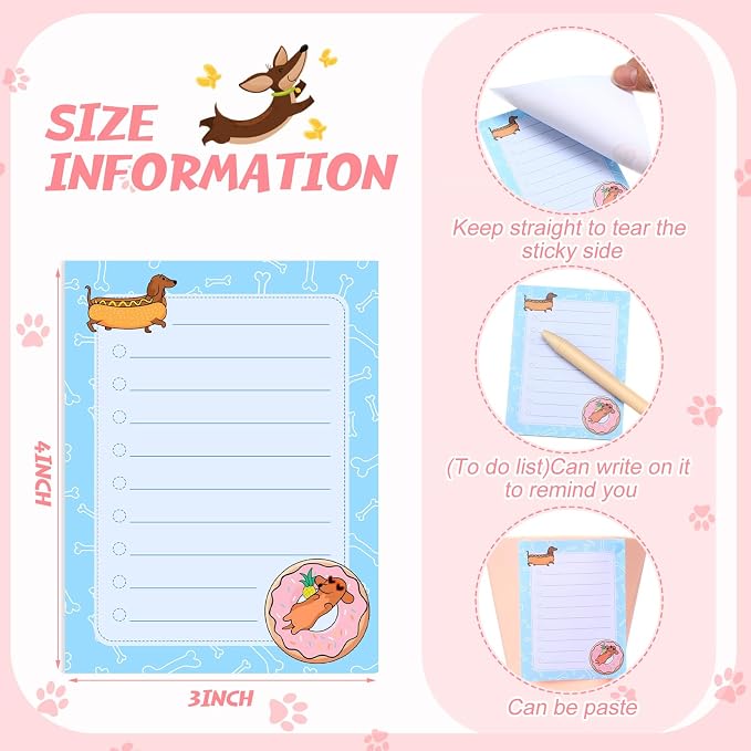 Chiisong 12 Pieces Dachshund Sticky Notes Dachshund Gifts 3x4 Inch Cute Cartoon Dog Self Stick Notepads Puppy Lover Gifts Dog to Do List Cute Memo Pads for Home Office Supplies
