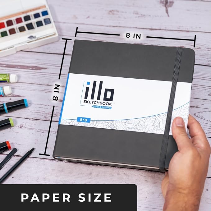 illo Sketchbook 8’’ x 8’’ Square Hardcover Sketch Book, (112lb/180gsm) Heavyweight Paper, Ribbon Marker, Back Pocket, Lays Flat, Minimal Bleed, Vegan, for Artists & Beginners