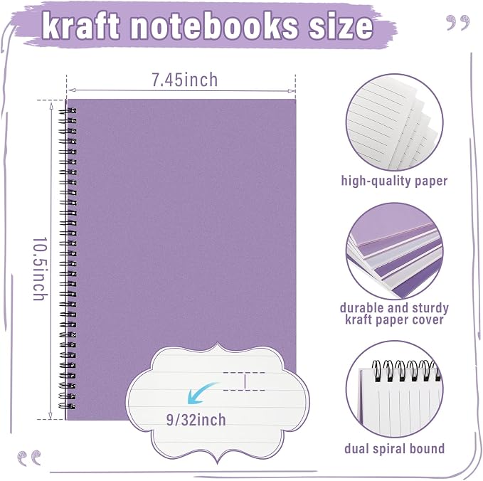 Fuutreo 6 Pack B5 Spiral Notebooks 10.5 x 7.45 Inch College Ruled Aesthetic Journal Kraft Hardcover 70 Sheets (140 Pages) Spiral Notebook for Office Students Work Journaling(Purple Series,Purple)