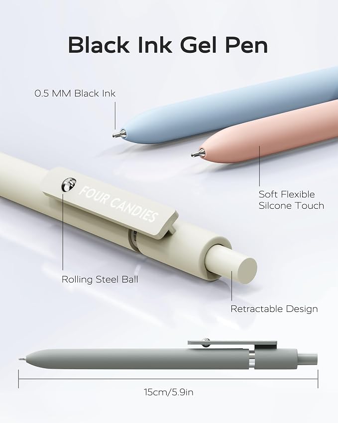Four Candies Gel Pens, 6 Pcs 0.5mm Fine Point Quick Dry Black Ink Pen | Smooth Writing Gel Pens for Journaling, Note Taking, Nurse Aesthetic, Cute Office School Suppli(Morandi)