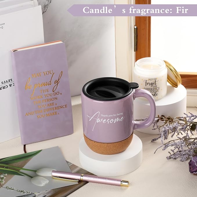 Sayglossy 4 Pcs Thank You Gift Set for Women Men Back to School Teacher Appreciation Gift Leather Notebook Inspirational Coffee Mug Scented Candle Ballpoint Pen for Employee Coworker Nurse Boss, Puple